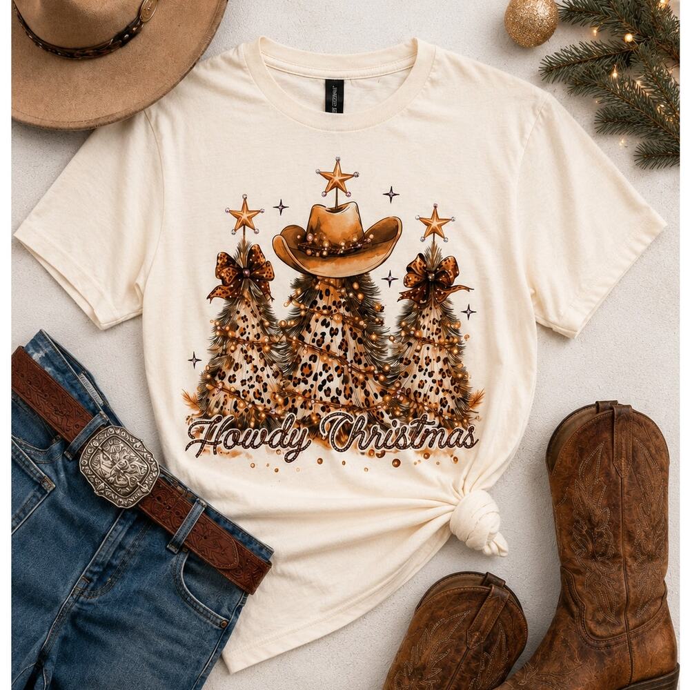 Howdy Christmas Bling Graphic Tee Cowgirl Leopard Trees NWOT Medium J. Coons